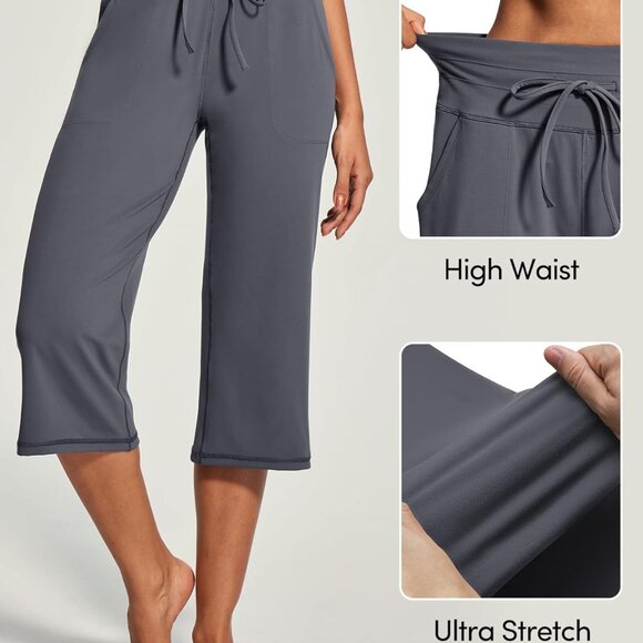 Dark Gray Loose Fit Wide Leg Capri Pants for Women with Pockets, Yoga & Casual W - Picture 3 of 6
